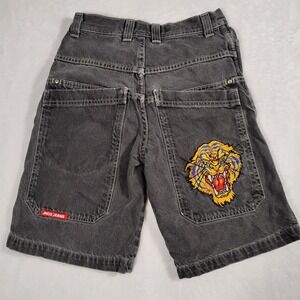 JNCO Black Denim Shorts with Yellow & Red Tiger Patch